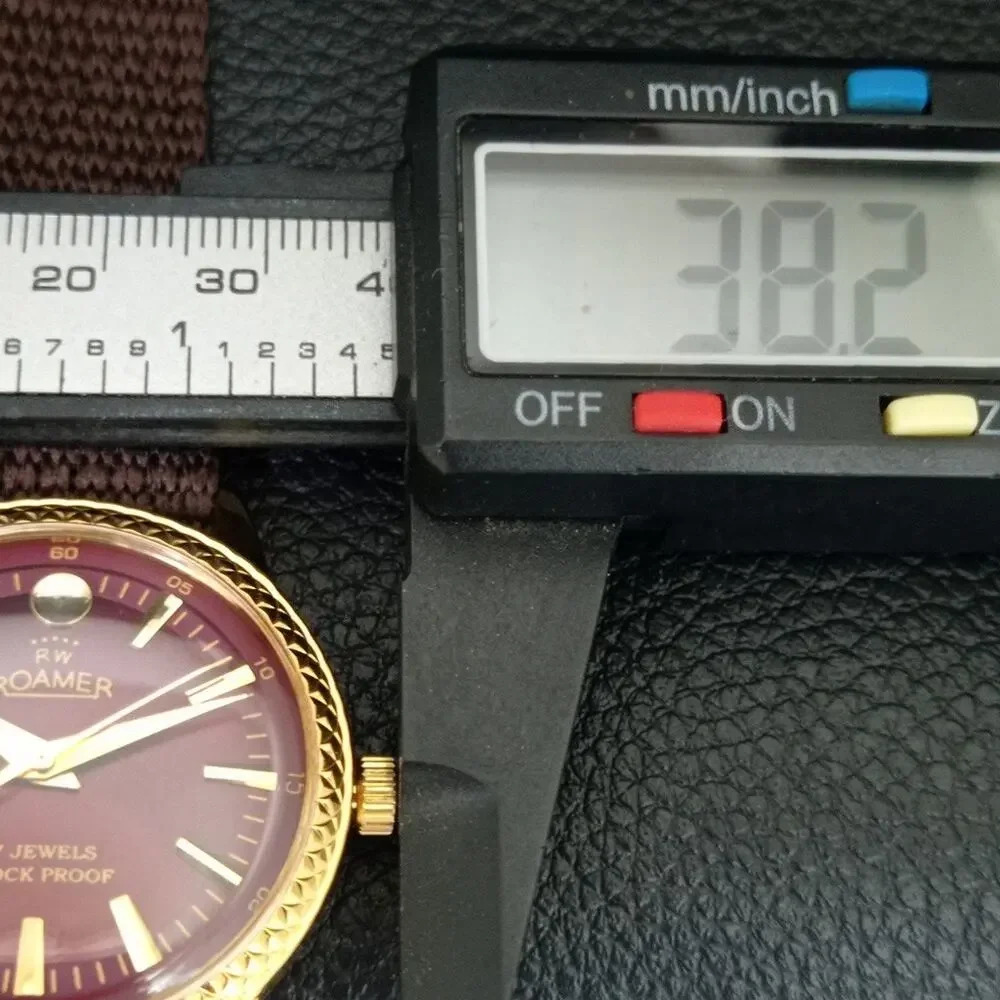 Vintage 1984 Roamer Manual Mens Gold Watch W/Nato Strap & Red accents